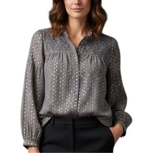 Chico’s Grey Taupe Embroidered‎ Sequin Sheer Top Blouse Large Cottagecore Beads